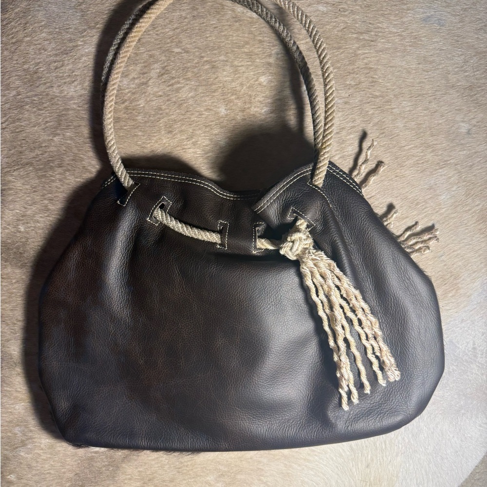Handheld Cowhide Tote Bag with Rope Handles - Brown - Picture 3 of 4